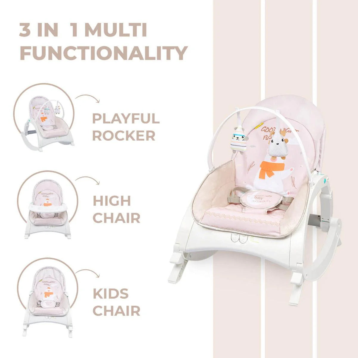 Discover the versatility of the R For Rabbit 3-in-1 Baby Rocker & Bouncer, transitioning from play to feeding and resting with ease, ensuring comfort and engagement for your child. Available at uSmile.toys."www.usmile.toys
